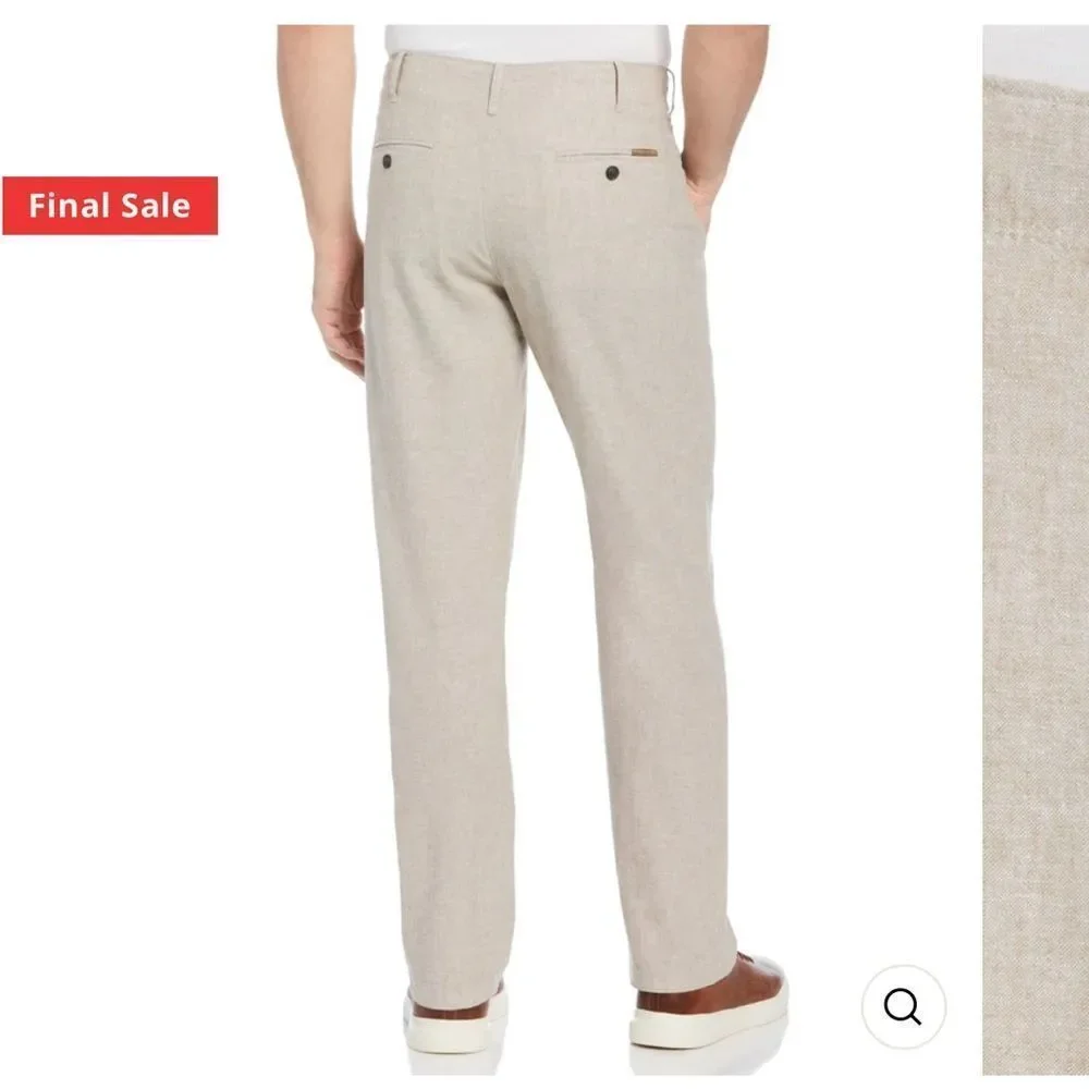🔥Perry Ellis Light Tan Chinos Sz 34X32 New LINEN BLEND DRAWSTRING PANT